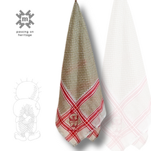 Load image into Gallery viewer, Light Yellow, Red Stripe Keffiyeh Scarf with Hand-Embroidered Handala Design (red)