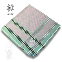 Load image into Gallery viewer, Pink, green and white Keffiyeh scarf with Hand-Embroidered Handala Design