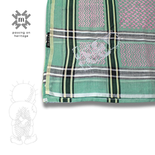 Load image into Gallery viewer, Pink, green and white Keffiyeh scarf with Hand-Embroidered Handala Design