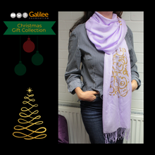 Load image into Gallery viewer, Lavender pashmina shawl scarf with stunning Arabic calligraphy in gold