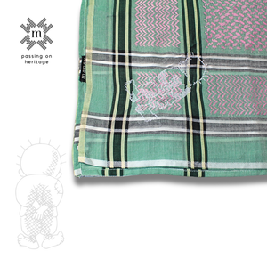 Pink, green and white Keffiyeh scarf with Hand-Embroidered Handala Design