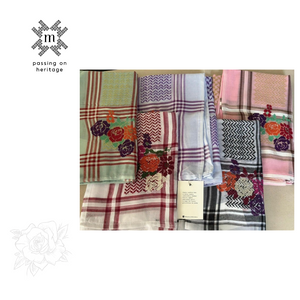 Keffiyeh Scarf with Hand-Embroidered Floral Design