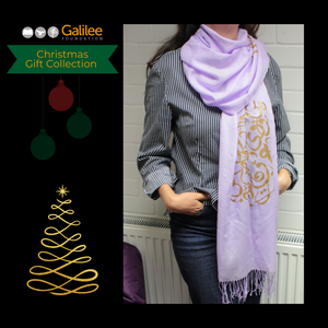 Lavender pashmina shawl scarf with stunning Arabic calligraphy in gold